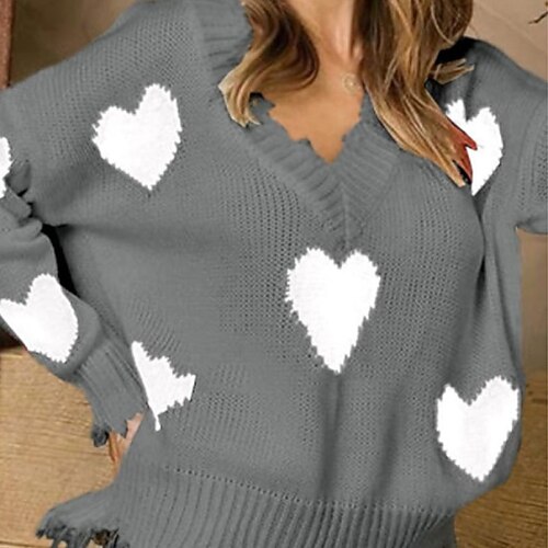 

Women's Pullover Sweater Jumper Ribbed Knit Knitted Heart V Neck Stylish Casual Home Holiday Fall Winter White Black M L XL / Long Sleeve