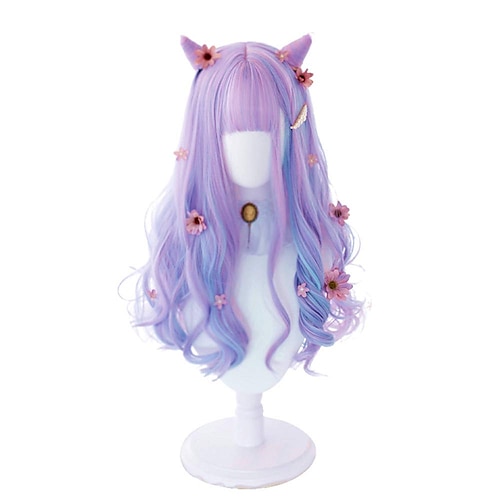 

Lolita Purple Mixed Blue Wig with Bangs for Girls Women Long Wavy Lavender Harajuku Hair Wig for Halloween Cosplay Party