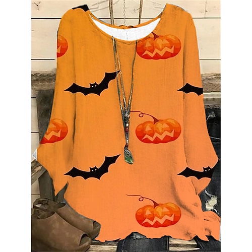 

Women's Plus Size Tops Blouse Shirt Pumpkin Bat Print Long Sleeve Crewneck Casual Halloween Halloween Daily Polyester Fall Winter Green Yellow