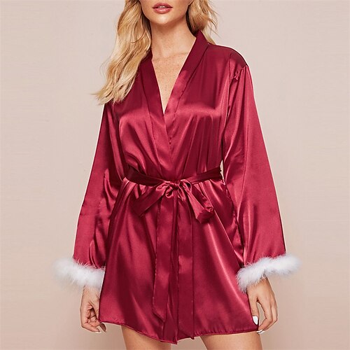 

Women's Christmas Pajamas Robes Gown Bathrobes Pjs Pure Color Fashion Comfort Home Christmas Bed Satin V Wire Long Sleeve Feather Fall Spring Purple Pink / Silk