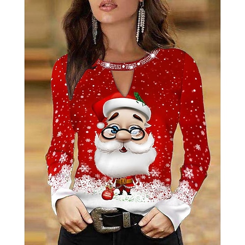 

Women's Blouse Shirt Green Blue Purple Santa Claus Snowflake Print Long Sleeve Christmas Weekend Streetwear Casual Round Neck Regular S / 3D Print