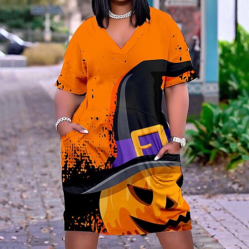 

Women's Plus Size Casual Dress Skull V Neck Short Sleeve Fall Winter Vintage Casual Knee Length Dress Halloween Vacation Dress / T Shirt Dress Tee Dress
