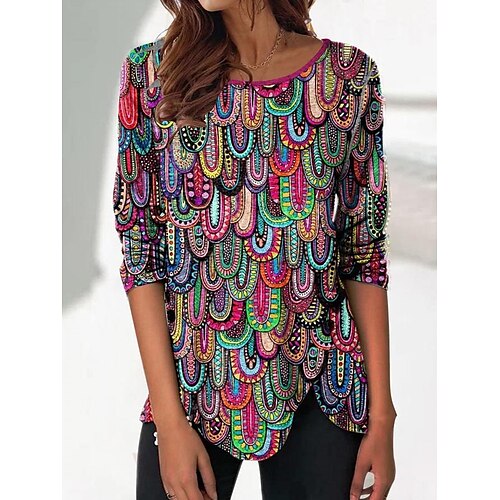 

Women's Blouse Shirt Blue Pink Graphic Print Long Sleeve Streetwear Casual Round Neck Regular S