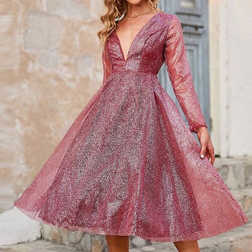 

Women's Party Dress Swing Dress Midi Dress Wine Silver Long Sleeve Pure Color Mesh Fall Winter V Neck Stylish Elegant 2022 S M L XL