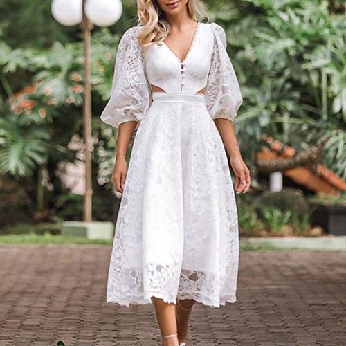 

Women's Party Dress Lace Dress Midi Dress White Blue Long Sleeve Pure Color Lace Hollow Out Button Fall Winter V Neck Party Stylish Elegant 2022 S M L XL