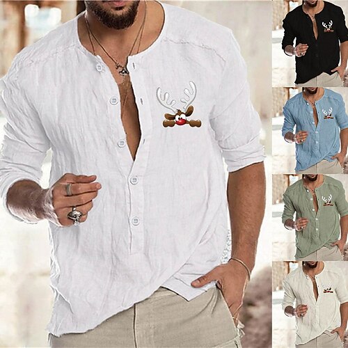 

Men's Shirt Graphic Deer Collar Green White Black Blue Beige Long Sleeve Hot Stamping Outdoor Christmas Button-Down Print Tops Fashion Designer Casual