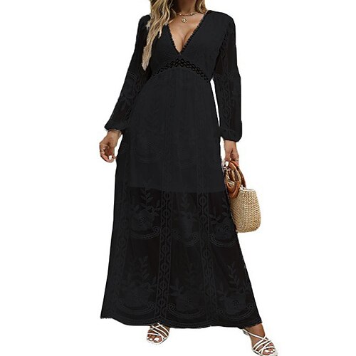 

Women's Lace Dress Swing Dress Maxi long Dress Black Pink Yellow Wine Dark Blue Long Sleeve Pure Color Lace Patchwork Fall Winter V Neck Stylish Modern 2022 S M L XL XXL