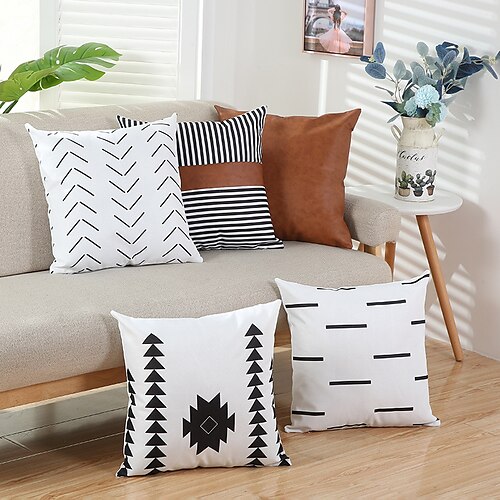 

5 pezzi copricuscino in pelle pu cuciture geometriche a righe tribali comfort cerniera quadrata tradizionale classico per camera da letto soggiorno divano divano poltrona