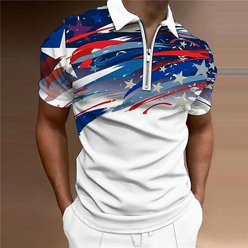 

Men's Collar Polo Shirt Golf Shirt Star Turndown Blue 3D Print Outdoor Street Short Sleeves Zipper Print Clothing Apparel Fashion Designer Casual Breathable / Summer / Spring / Summer