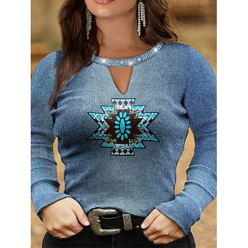 

Women's Plus Size Tops Blouse Shirt Color Block Geometry Print Long Sleeve Round Neck Casual Daily Vacation Polyester Fall Winter Blue khaki