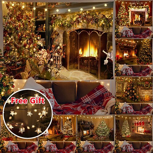 

Christmas Party Wall Tapestry Holiday Fireplace Christmas Tree Gift Art Decor Blanket Curtain Hanging Home Bedroom Living Room Decoration Polyester (with LED String Lights)