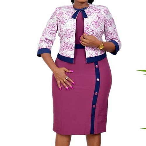 

Women's Plus Size Work Dress Floral Crew Neck Half Sleeve Fall Winter Work Elegant Knee Length Dress Work Work Dress Dress / Dress Set