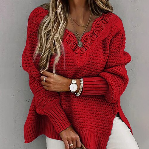 

Women's Pullover Sweater Jumper Chunky Knit Split Knitted Pure Color V Neck Stylish Casual Outdoor Daily Fall Winter Gray Khaki S M L / Long Sleeve