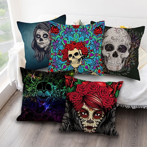 

El Día de los Muertos Double Side Cushion Cover 5PC Soft Decorative Square Cushion Case Pillowcase for Bedroom Livingroom Sofa Couch Chair Superior Quality Machine Washable Day of Dead