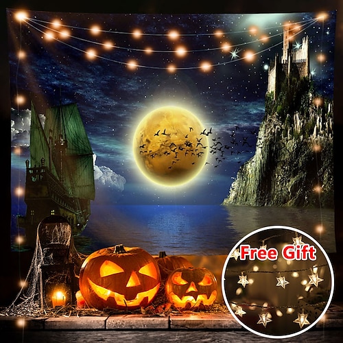 

Halloween Party Wall Tapestry Art Decor Blanket Curtain Hanging Home Bedroom Living Room Decoration Polyester Ghost Pumpkin Graveyard Bat Witch(with LED String Lights)