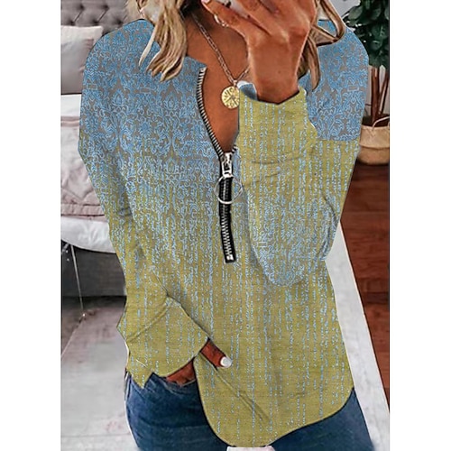 

Women's Sweatshirt Pullover Active Streetwear Quarter Zip Print Green Blue Khaki Graphic Daily V Neck Long Sleeve S M L XL XXL 3XL