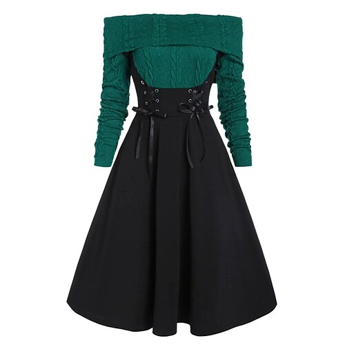

Women's A Line Dress Swing Dress Knee Length Dress Green Black Gray Red Long Sleeve Color Block Knit Fall Winter Off Shoulder Stylish Mature 2022 M L XL 2XL 3XL / Cotton