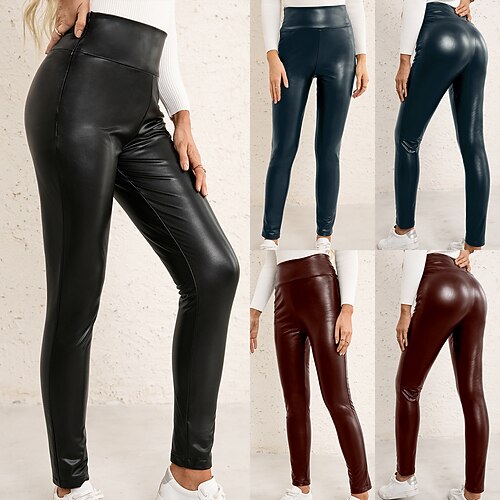 

Women's Chinos Pants Trousers Trousers Faux Leather Blue Wine Black Mid Waist Fashion Casual Weekend Micro-elastic Ankle-Length Comfort Plain S M L XL
