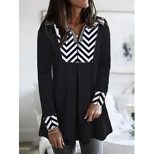 

Women's Shirt Tunic White Black Leopard Striped Flowing tunic Quarter Zip Long Sleeve Daily Weekend Streetwear Casual Shirt Collar Long S / Print