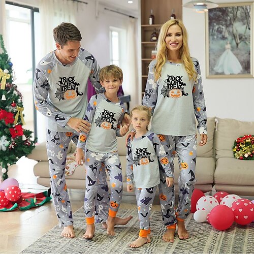 

Family Look Halloween Pajamas Letter Pumpkin Bat Home Gray Long Sleeve Daily Matching Outfits