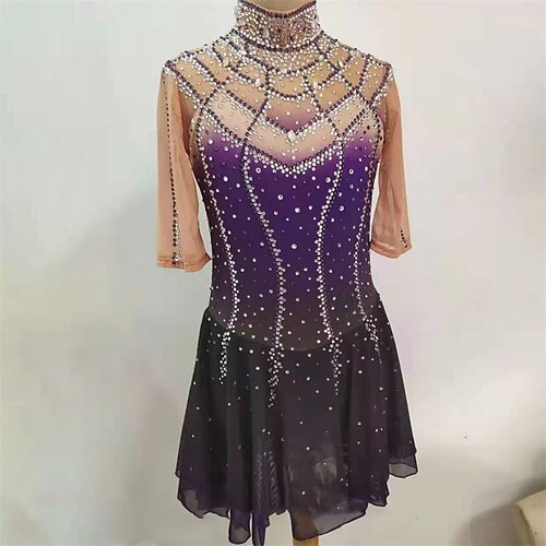 

Figure Skating Dress Women's Girls' Ice Skating Dress Purple Spandex High Elasticity Training Competition Skating Wear Handmade Crystal / Rhinestone Short Sleeve Ice Skating Figure Skating / Winter