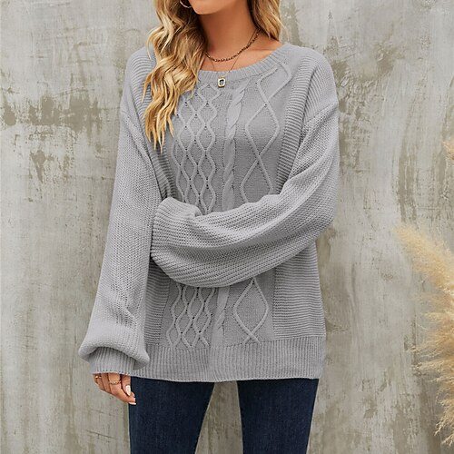 

Women's Pullover Sweater jumper Jumper Cable Knit Knitted Pure Color Crew Neck Stylish Casual Outdoor Daily Winter Fall Wine Dark Gray S M L / Long Sleeve / Holiday / Regular Fit / Going out
