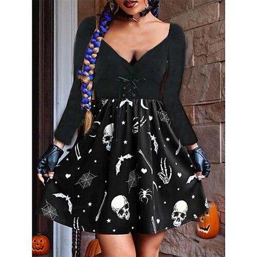 

Women's A Line Dress Vintage Dress Short Mini Dress Black Long Sleeve Skull Spider Bat Print Fall Winter V Neck Vintage Stylish 2022 S M L XL