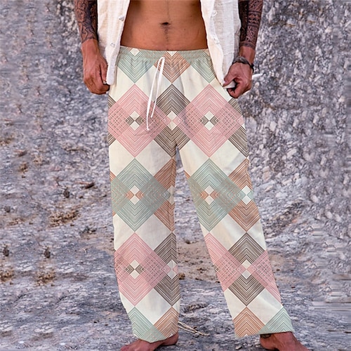 

Men's Trousers Beach Pants Drawstring Elastic Waist 3D Print Graphic Prints Geometry Comfort Breathable Casual Daily Holiday Streetwear Designer Beige