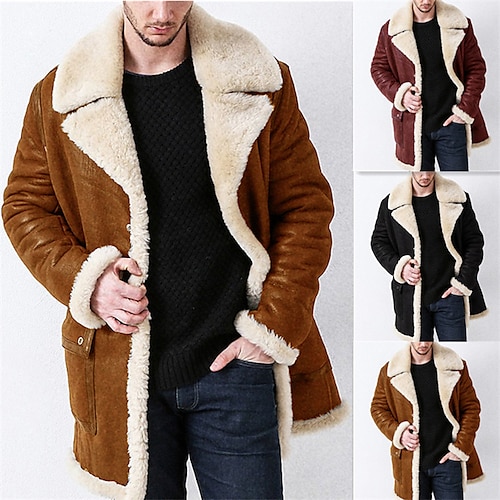 

Men's Shearling Coat Winter Jacket Sherpa jacket Warm Street Daily Holiday Single Breasted Turndown Chic & Modern Minimalist Casual Jacket Outerwear Pure Color Pocket Faux Fur Trim Red Brown Black