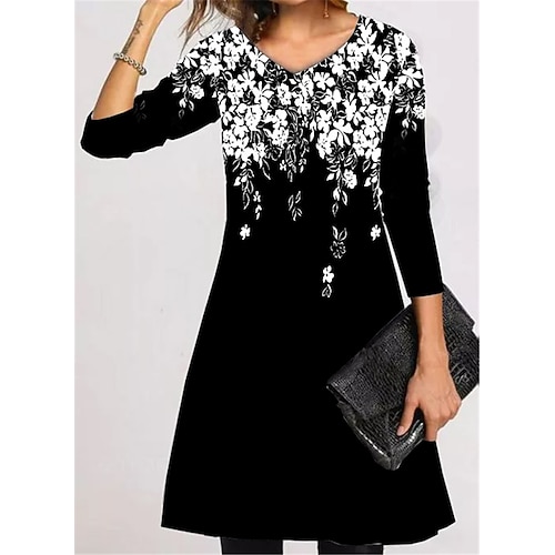 

Women's Casual Dress T Shirt Dress Tee Dress Short Mini Dress Black Long Sleeve Floral Pocket Print Fall Winter V Neck Vacation Casual 2022 S M L XL XXL 3XL