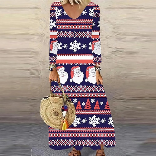 

Women's Christmas Casual Dress Shift Dress Maxi long Dress Wine Red Brown Navy Blue White Long Sleeve Plaid Santa Claus Elk Print Fall Winter V Neck Vacation Casual 2022 S M L XL XXL 3XL 4XL 5XL 6XL