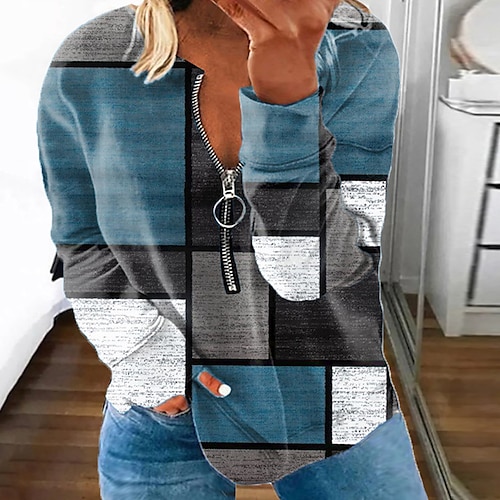 

Women's Plus Size Tops Pullover Sweatshirt Hoodie Sweatshirt Color Block Geometry Zipper Print Long Sleeve Round Neck Casual Daily Vacation Polyester Fall Winter Blue