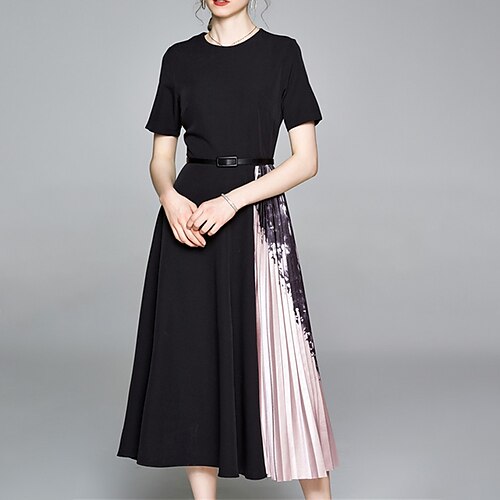 

Women's A Line Dress Sheath Dress Midi Dress Black Short Sleeve Print Pleated With Belt Print Fall Winter Crew Neck Fashion Modern Mature 2022 S M L XL XXL