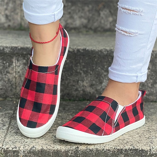 

Women's Slip-Ons Daily Plus Size Flat Heel Round Toe Casual Cotton Loafer Plaid Red