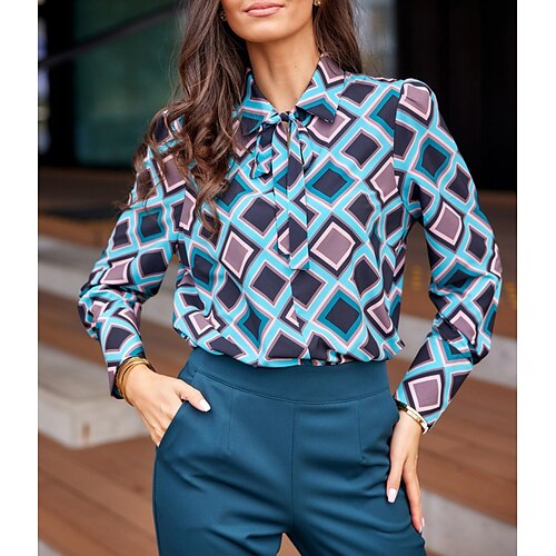 

Women's Blouse Shirt Blue Purple Yellow Geometric Lace up Print Long Sleeve Daily Weekend Streetwear Casual Shirt Collar Regular Geometric S / 3D Print