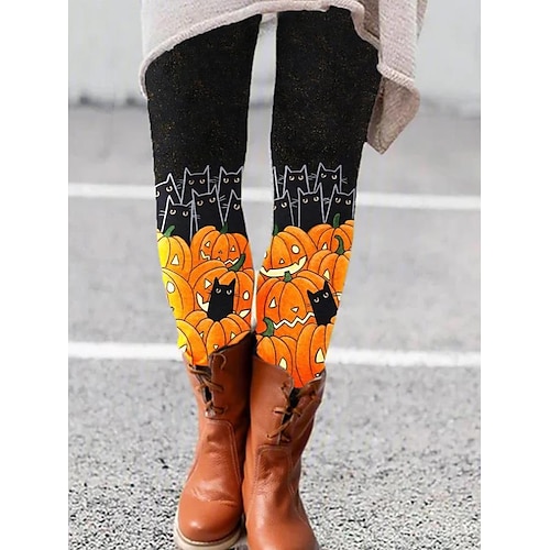 

Women's Tights Leggings Print Cat Pumpkin Tummy Control Butt Lift Ankle-Length Halloween Weekend Tights Casual / Sporty Skinny Orange Mid Waist Micro-elastic