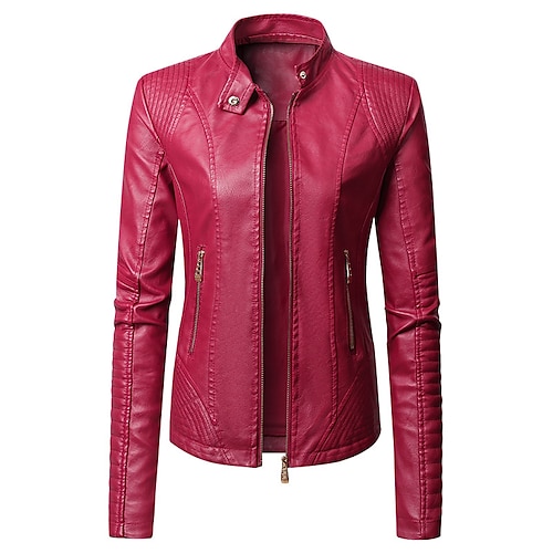 

Women's Faux Leather Jacket Windproof Warm Outdoor Street Daily Vacation Zipper Pocket Zipper Turndown Casual Street Style Solid Color Regular Fit Outerwear Long Sleeve Winter Fall Black Wine Brown M