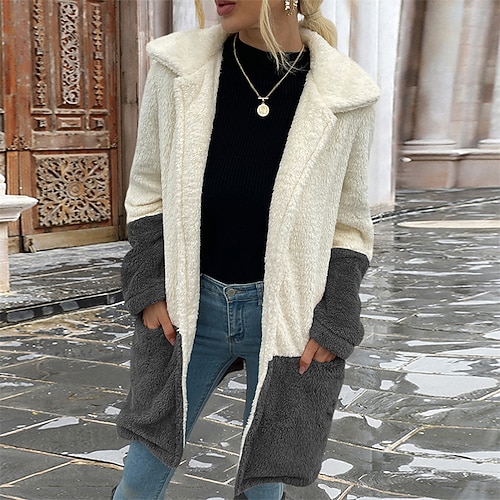 

Women's Teddy Coat Windproof Warm Outdoor Street Daily Vacation Pocket Cardigan Lapel Street Style Plush Color Block Regular Fit Outerwear Long Sleeve Winter Fall Khaki Dark Grey Brown S M L XL