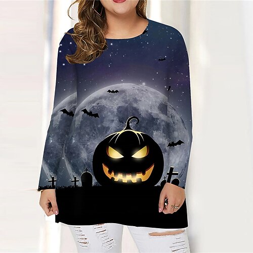 

Women's Plus Size Tops T shirt Tee Letter Pumpkin Print Long Sleeve Crewneck Casual Festival Halloween Halloween Daily Cotton Spandex Jersey Fall Winter Black Blue / 3D Print