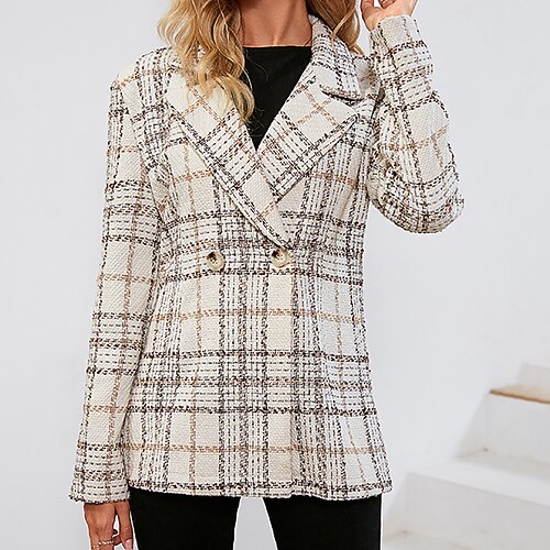 

Women's Blazer Warm Breathable Office Work Daily Pocket Single Breasted Turndown OL Style Elegant Modern Lattice Regular Fit Outerwear Long Sleeve Winter Fall White S M L