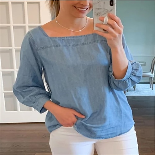 

Women's Blouse Shirt Light Blue Plain Long Sleeve Daily Weekend Streetwear Square Neck Regular S