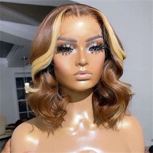 

Brown Wig With Honey Blonde Frontal Highlights Lace Front Wig Body Wave