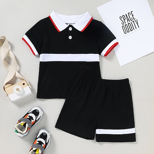 

2 Pieces Toddler Boys Clothing Set Outfit Stripe Short Sleeve Print Cotton Set Daily Summer 2-6 Years Black