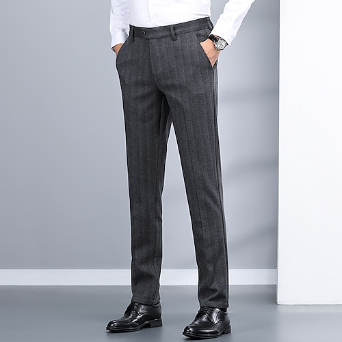 

Men's Dress Pants Chinos Trousers Winter Pants Zipper Pocket Stripe Warm Office Business Daily Chic & Modern Formal Black Gray Micro-elastic
