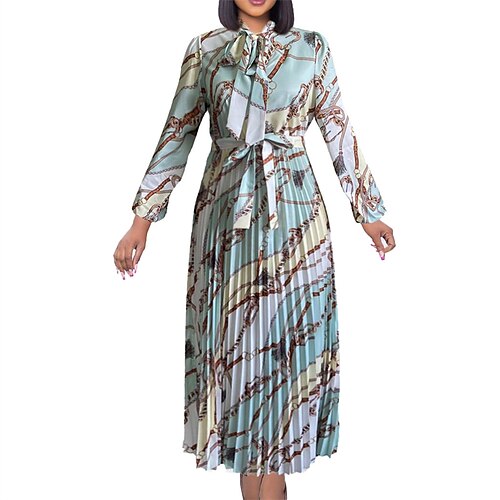 

Women's Print Dress Maxi long Dress White Black Long Sleeve Print Pleated Bow Print Fall Winter Crew Neck Fashion Elegant 2022 S M L XL 2XL 3XL