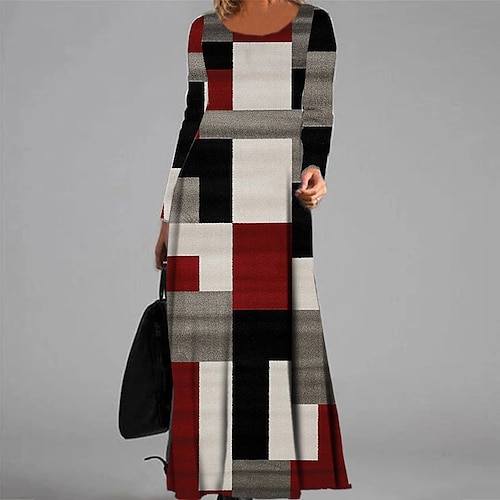 

Women's Casual Dress A Line Dress Maxi long Dress Khaki Long Sleeve Geometric Color Block Pocket Print Fall Winter V Neck Vacation Casual 2022 S M L XL XXL 3XL