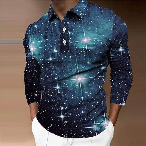 

Men's Collar Polo Shirt Golf Shirt Galaxy Turndown Blue 3D Print Outdoor Street Long Sleeve Button-Down Print Clothing Apparel Fashion Designer Casual Breathable