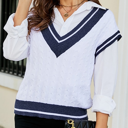 

Women's Sweater Vest Jumper Ribbed Knit Patchwork Knitted Color Block V Neck Stylish Casual Outdoor Daily Winter Fall Royal Blue White S M L / Sleeveless / Sleeveless / Regular Fit / Going out