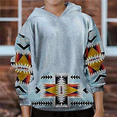 

Kids Boys Hoodie Geometric Outdoor 3D Print Long Sleeve Pocket Active 3-13 Years Winter Blue