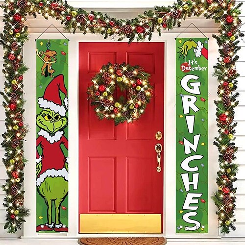 Merry Christmas Grinch Christmas Door Cover Grinch Green Backdrop  Decorations